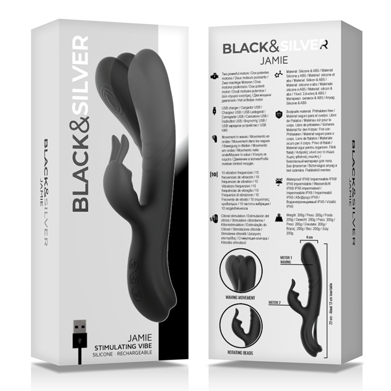 BLACK&SILVER - JAMIE RECHARGEABLE SILICONE RABBIT STIMULATOR BLACK - ToysByMonk