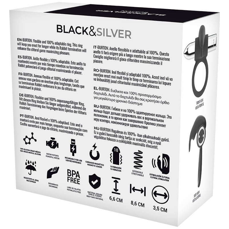 BLACK&SILVER - BURTON RECHARGEABLE RING 10 VIBRATION MODES - ToysByMonk