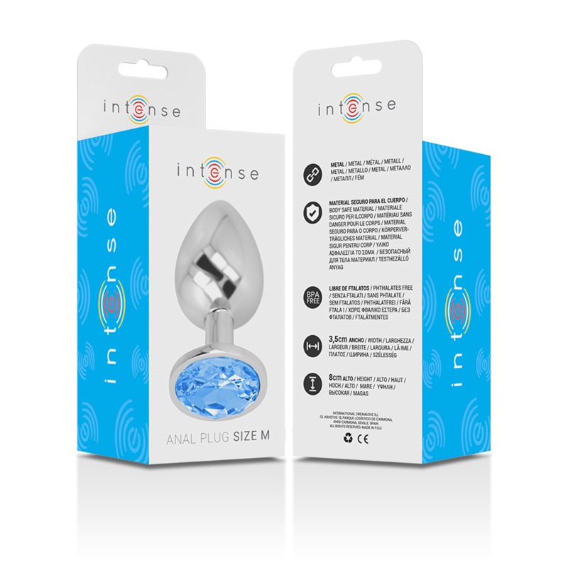 INTENSE - ALUMINUM METAL ANAL PLUG WITH BLUE GLASS SIZE M INTENSE ANAL TOYS
