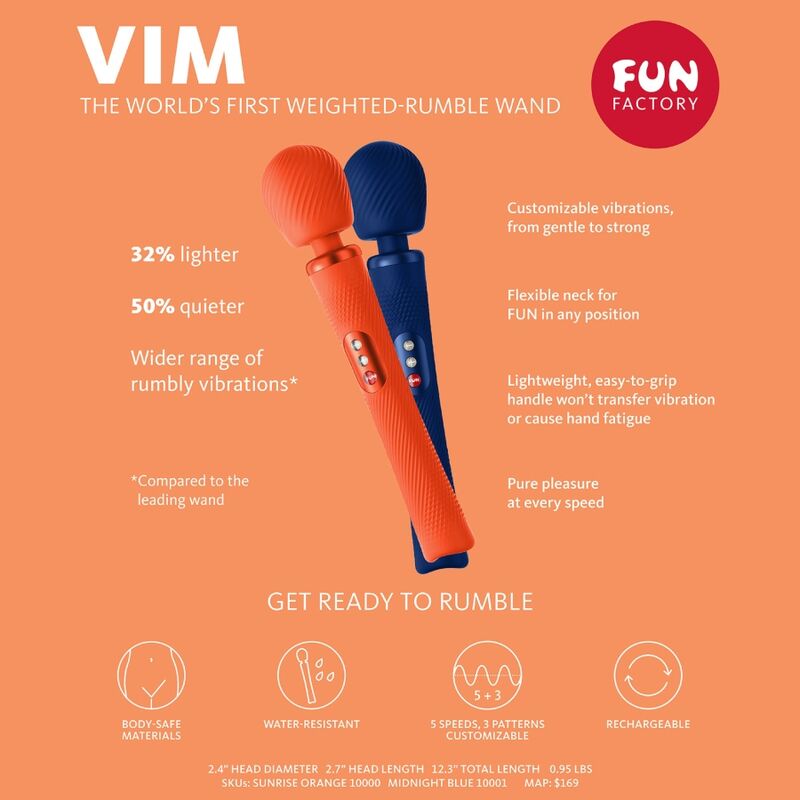 FUN FACTORY - VIM SILICONE RECHARGEABLE VIBRATING WEIGHTED RUMBLE WAND MIDNIGHT BLUE - ToysByMonk