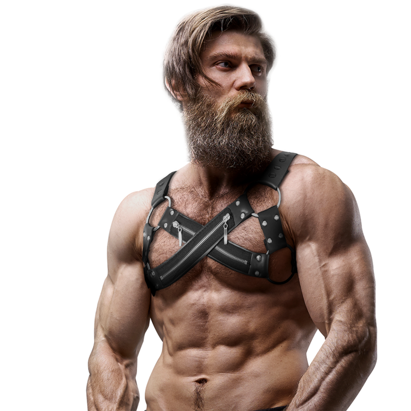 FETISH SUBMISSIVE ATTITUDE - ADJUSTABLE NEOPRENE CROSS-OVER CHEST BULLDOG HARNESS WITH ZIPPERS FOR MEN - ToysByMonk
