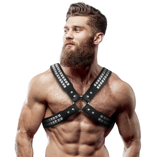 FETISH SUBMISSIVE ATTITUDE - MEN'S CROSSED CHEST ECO-LEATHER HARNESS WITH RIVETS - ToysByMonk