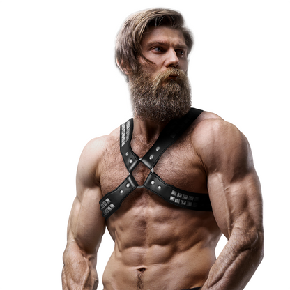 FETISH SUBMISSIVE ATTITUDE - MEN'S CROSSED CHEST ECO-LEATHER HARNESS WITH RIVETS - ToysByMonk