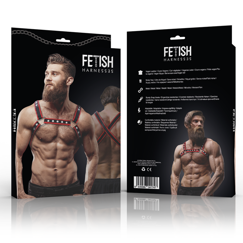 FETISH SUBMISSIVE ATTITUDE - MEN'S ECO-LEATHER CHEST BULLDOG HARNESS BLACK/RED FETISH SUBMISSIVE ATTITUDE