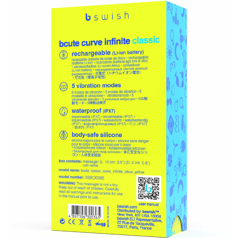 B SWISH - BCUTE CURVE INFINITE CLASSIC RECHARGEABLE SILICONE VIBRATOR YELLOW - ToysByMonk