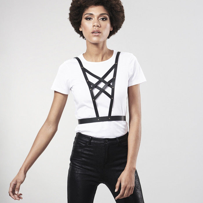 BIJOUX - INDISCRETS MAZE CROSSED HARNESS WITH NECKLINE BLACK BIJOUX MAZE