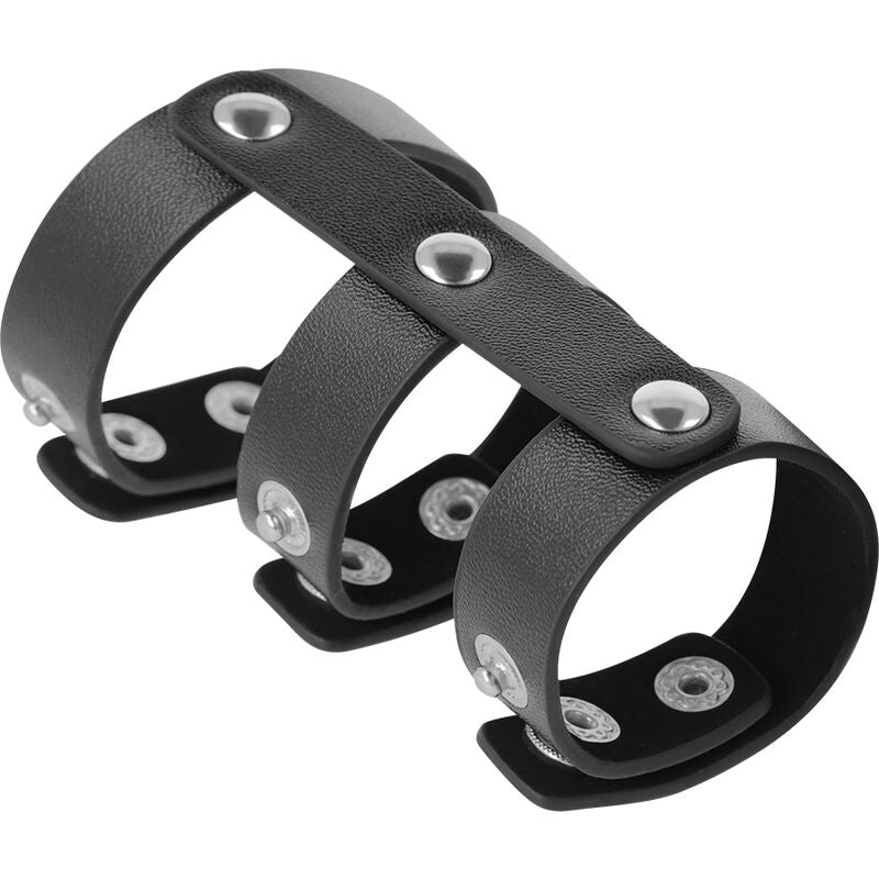 DARKNESS - ADJUSTABLE LEATHER DOUBLE PENIS AND TESTICLE RING DARKNESS BONDAGE